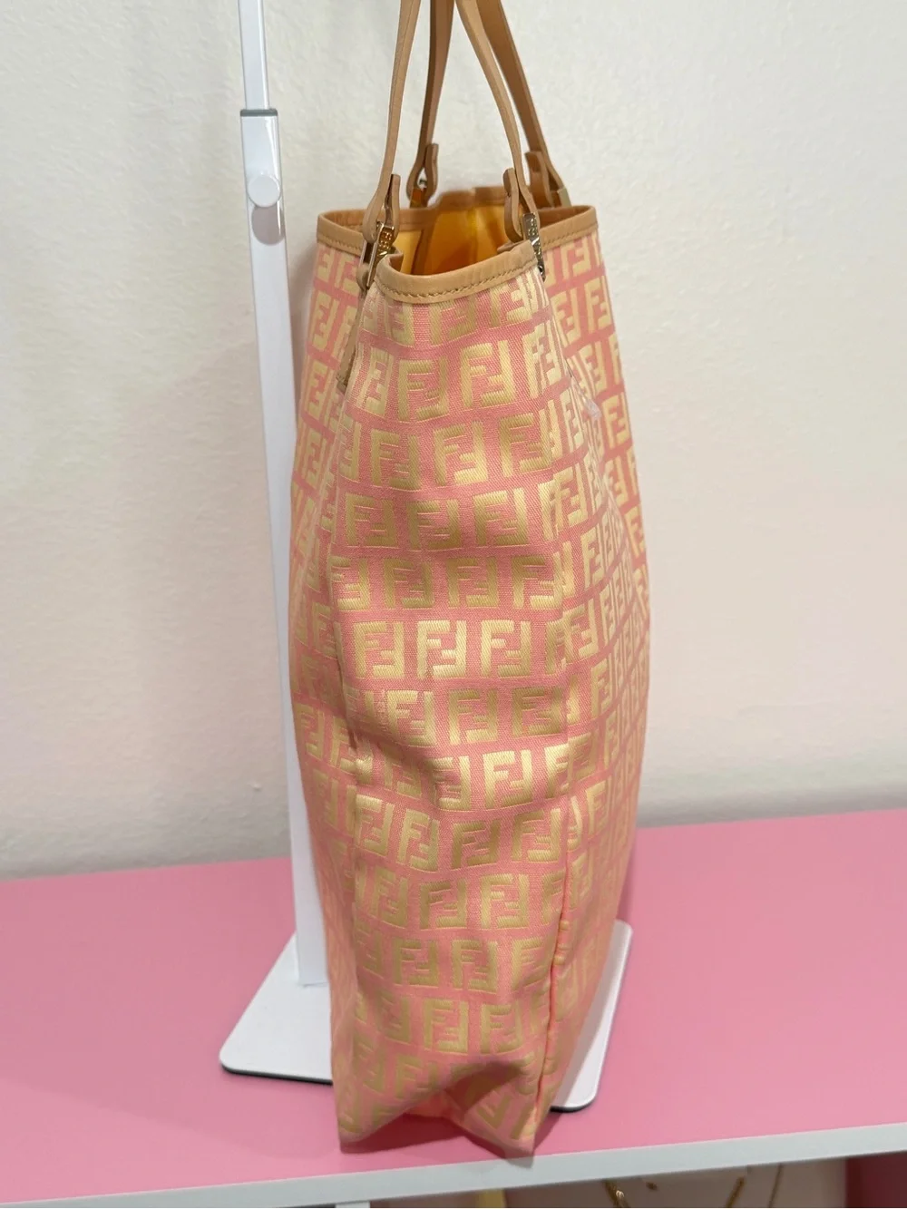 Fendi Pink and Tan Zucca Monogram Tote with Pouch